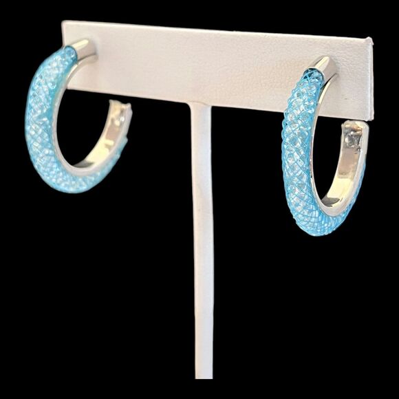 New Boutique Earrings Silver Tone Hoop With Crystal Dust Blue Mesh 13H - Picture 1 of 4